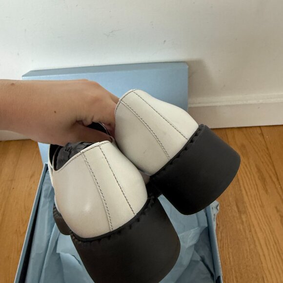 NWT Prada Loafers Spazzolato White Leather 40.5 Enameled Triangle Logo - Picture 9 of 10